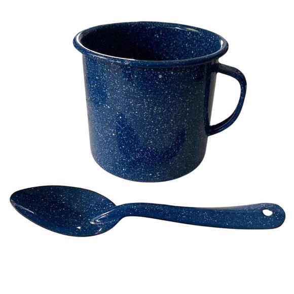 Enamelware 16 oz Coffee Mug & Spoon Set Blue White Speckled Outdoor Camping - Picture 1 of 3
